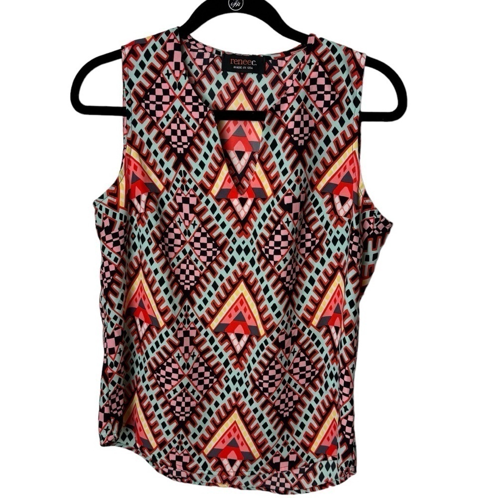 Renee C. women's tank top multicolor geometric sleeveless notch neck small